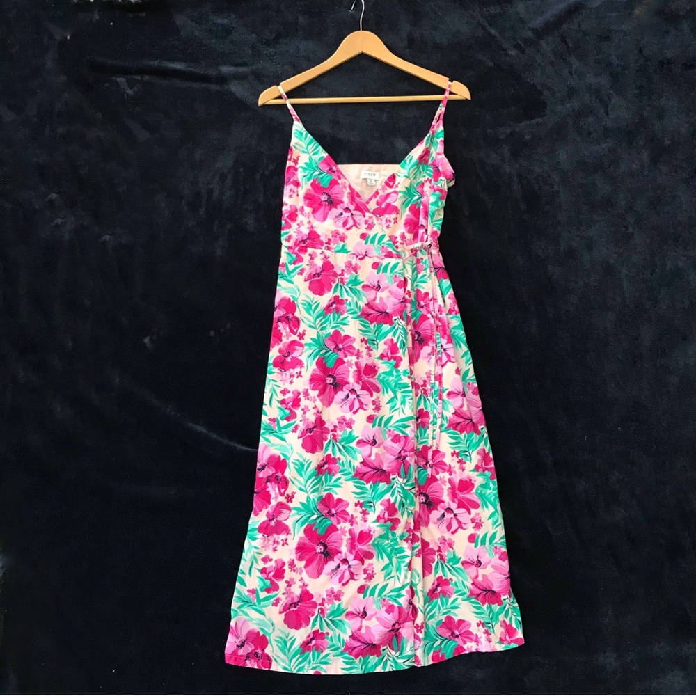 J. Crew 100% Cotton Fuchsia & Jade Midi Floral Wrap Dress - Size 2